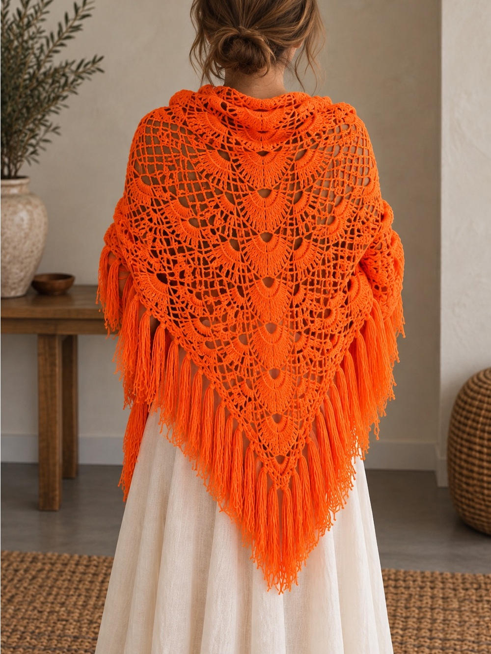 Handcrafted Orange Crochet Fringe Shawl Wrap